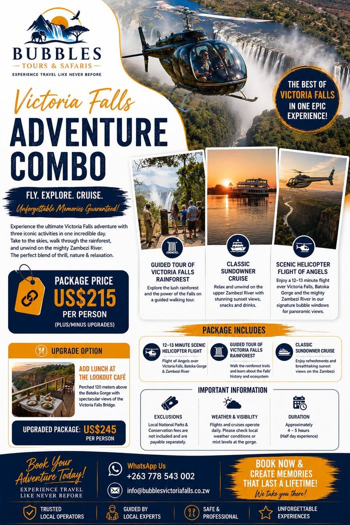 Victoria Falls Adventure Combo — Fly, Explore, Cruise — US$215 per person