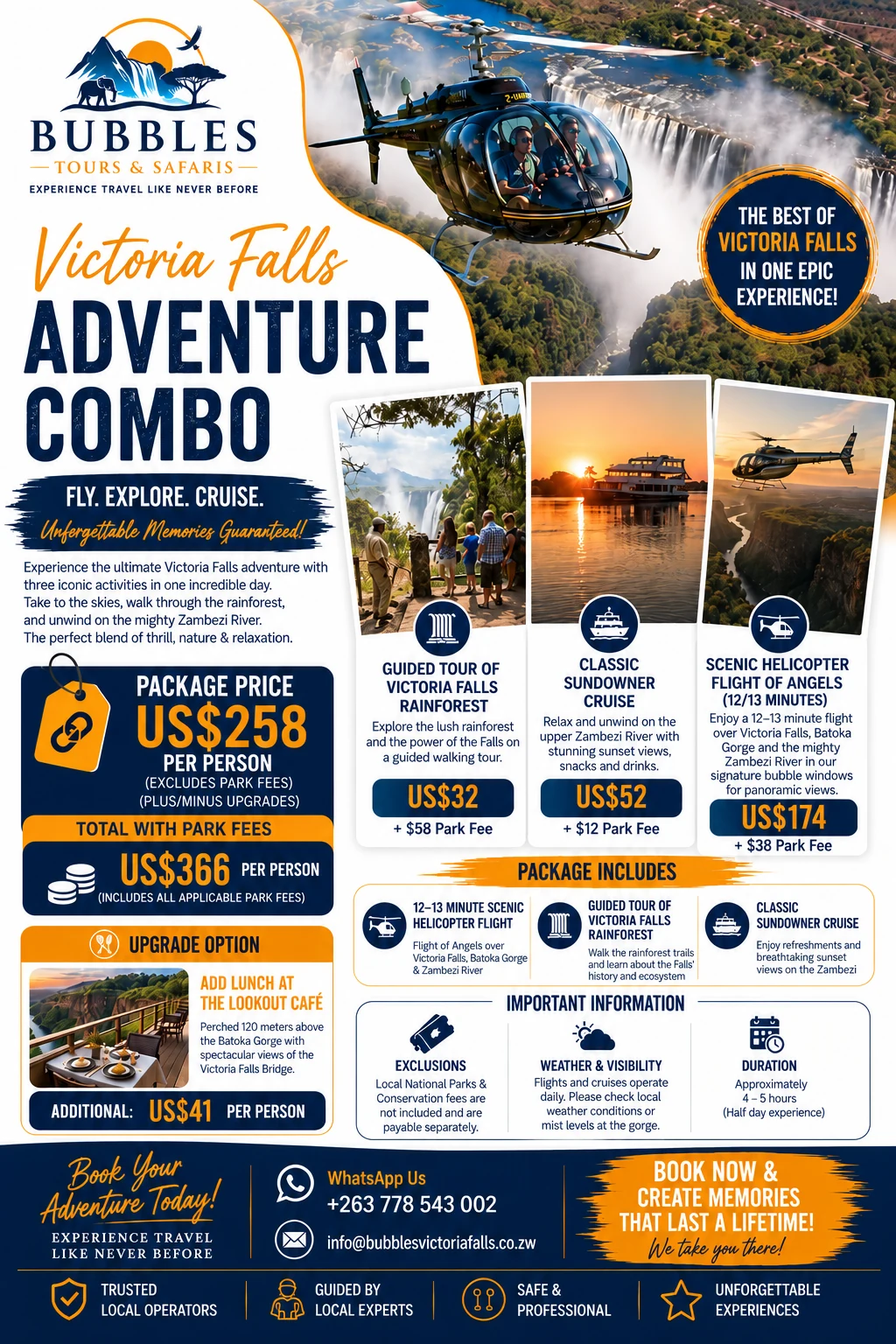 Victoria Falls Adventure Combo — US$258 per person excluding park fees