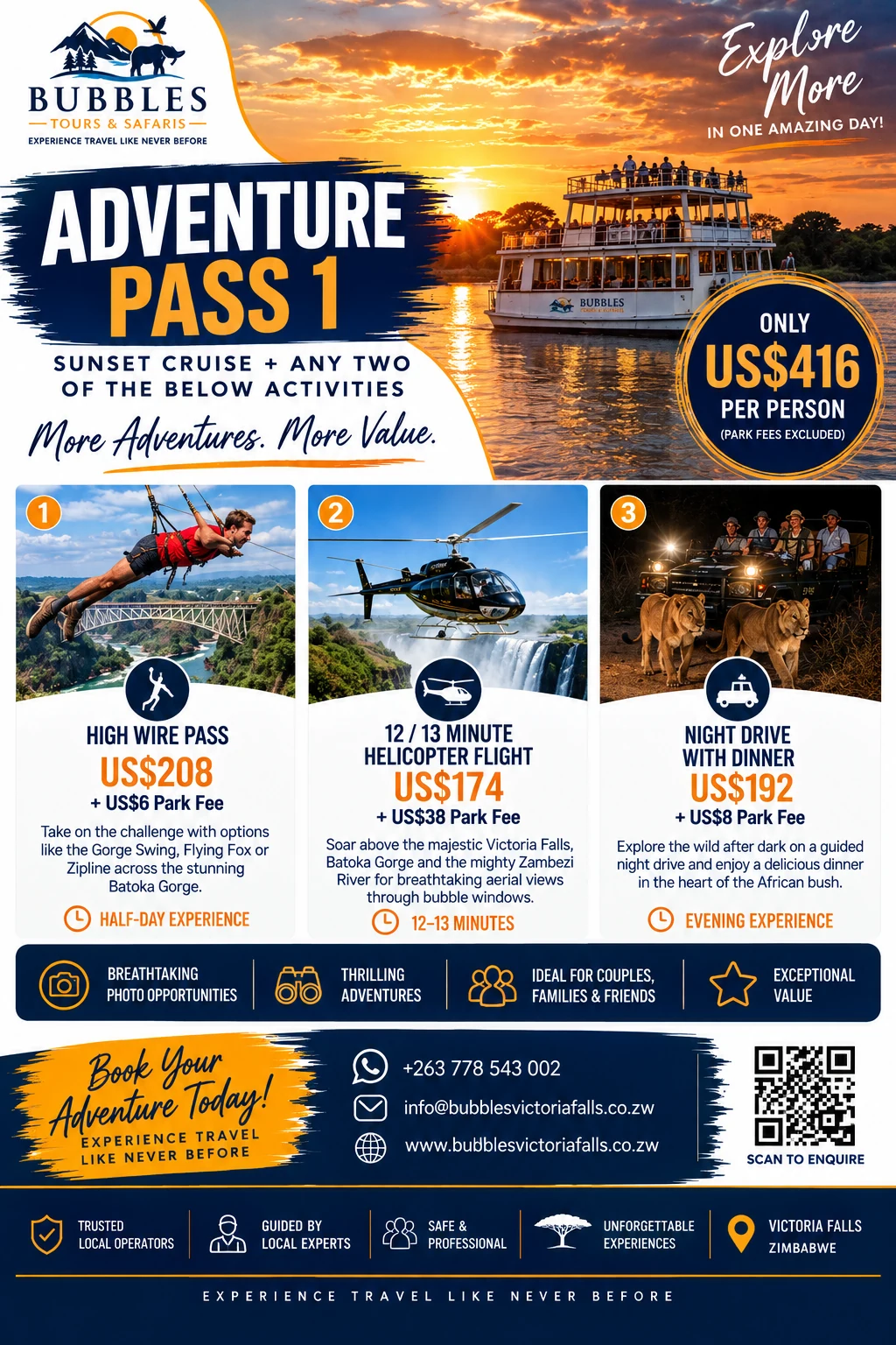 Adventure Pass 1 — US$416 per person excluding park fees