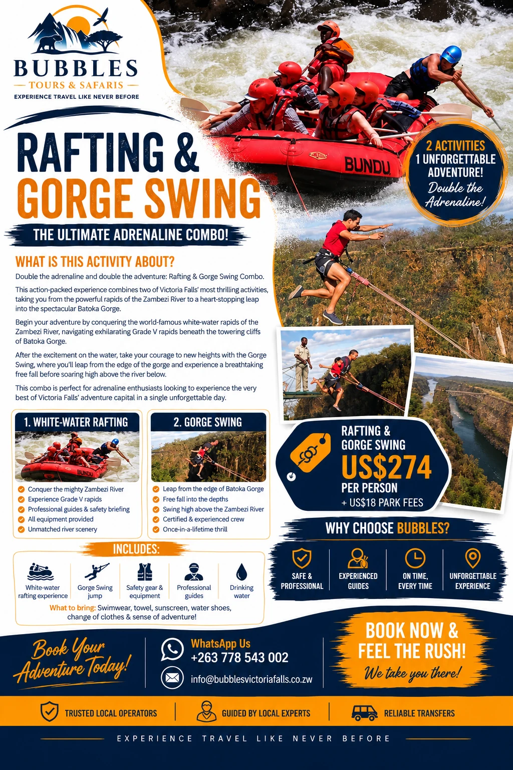 Rafting and Gorge Swing combo — US$274 per person plus US$18 park fees