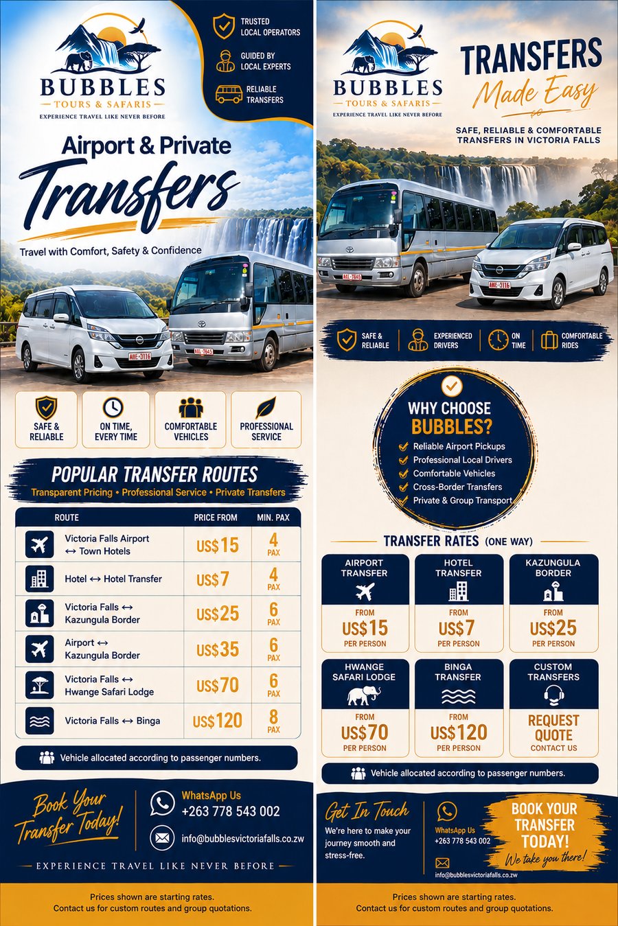 Bubbles Tours and Safaris transfer rates — airport, hotel and cross-border transfers