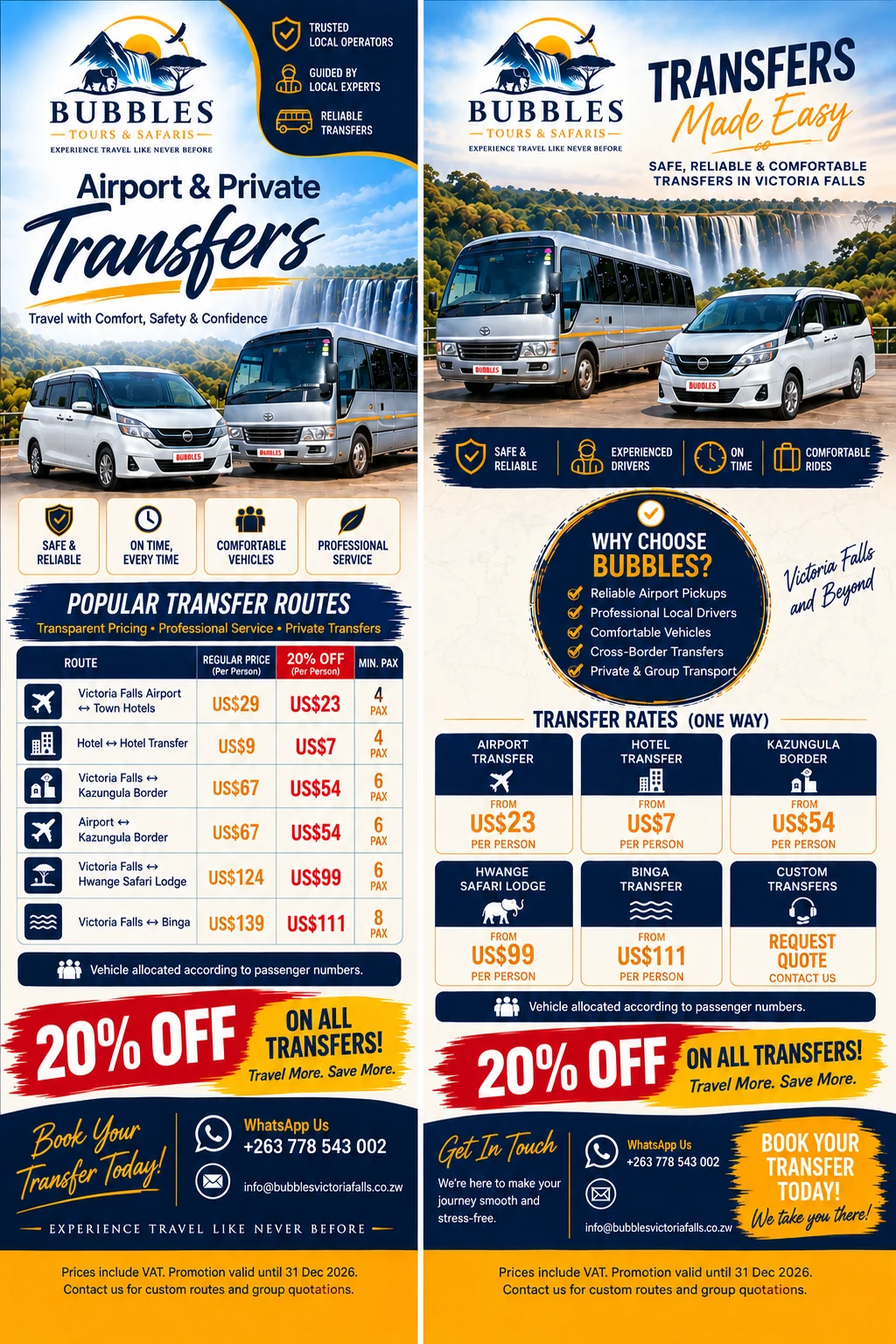 Bubbles Tours and Safaris transfer rates — airport, hotel and cross-border transfers with 20% off